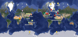 Global map with pins from locations of water samples